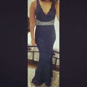 Formal Prom Dress Navy Lace Beaded Waist